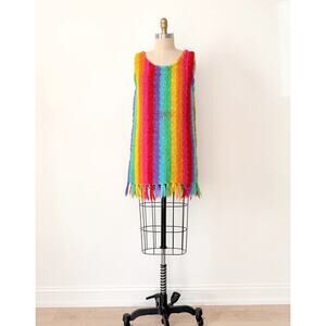 Vintage 60s Jack Winter Rainbow Crochet Mini Fringe Hem Dress RARE!